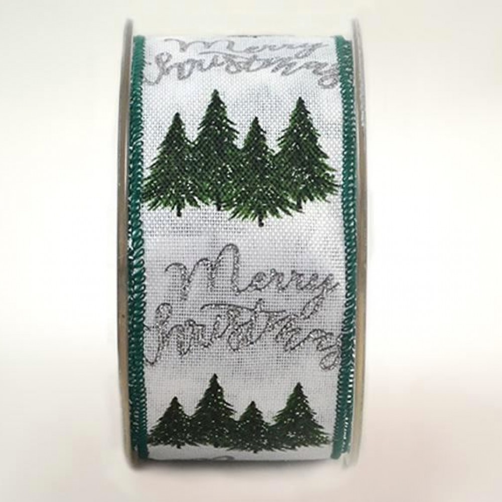 Κορδέλα Merry Christmas Forest πολυεστέρας λευκή 5.5 cm X 9 m
