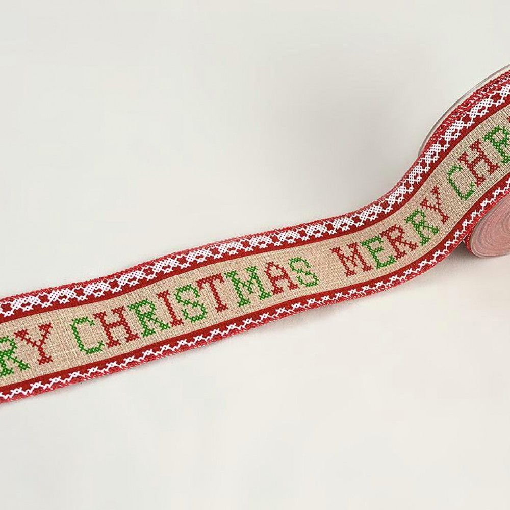 Κορδέλα  πολυεστέρας Merry christmas κόκκινη-ιβουάρ 5 cm X 9 m