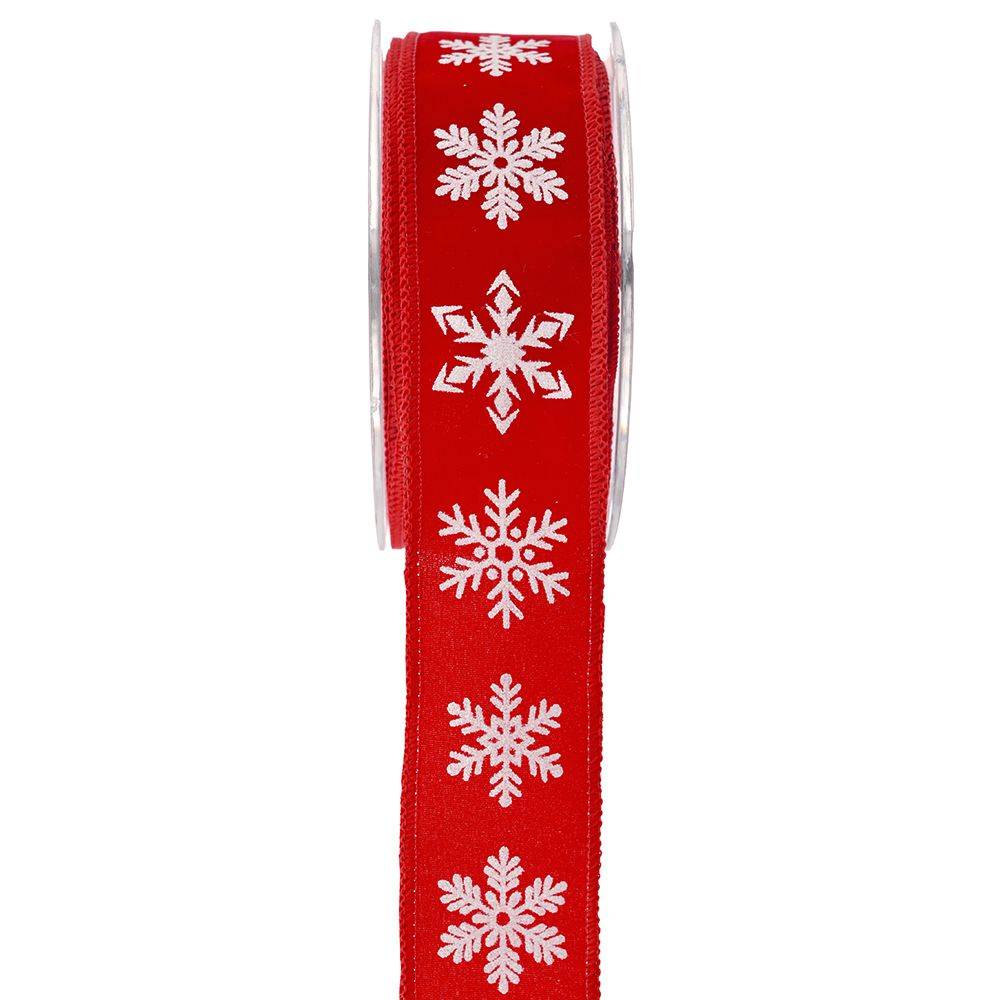 Κορδέλα βελούδο snowflakes κόκκινη 4 cm X 9 m