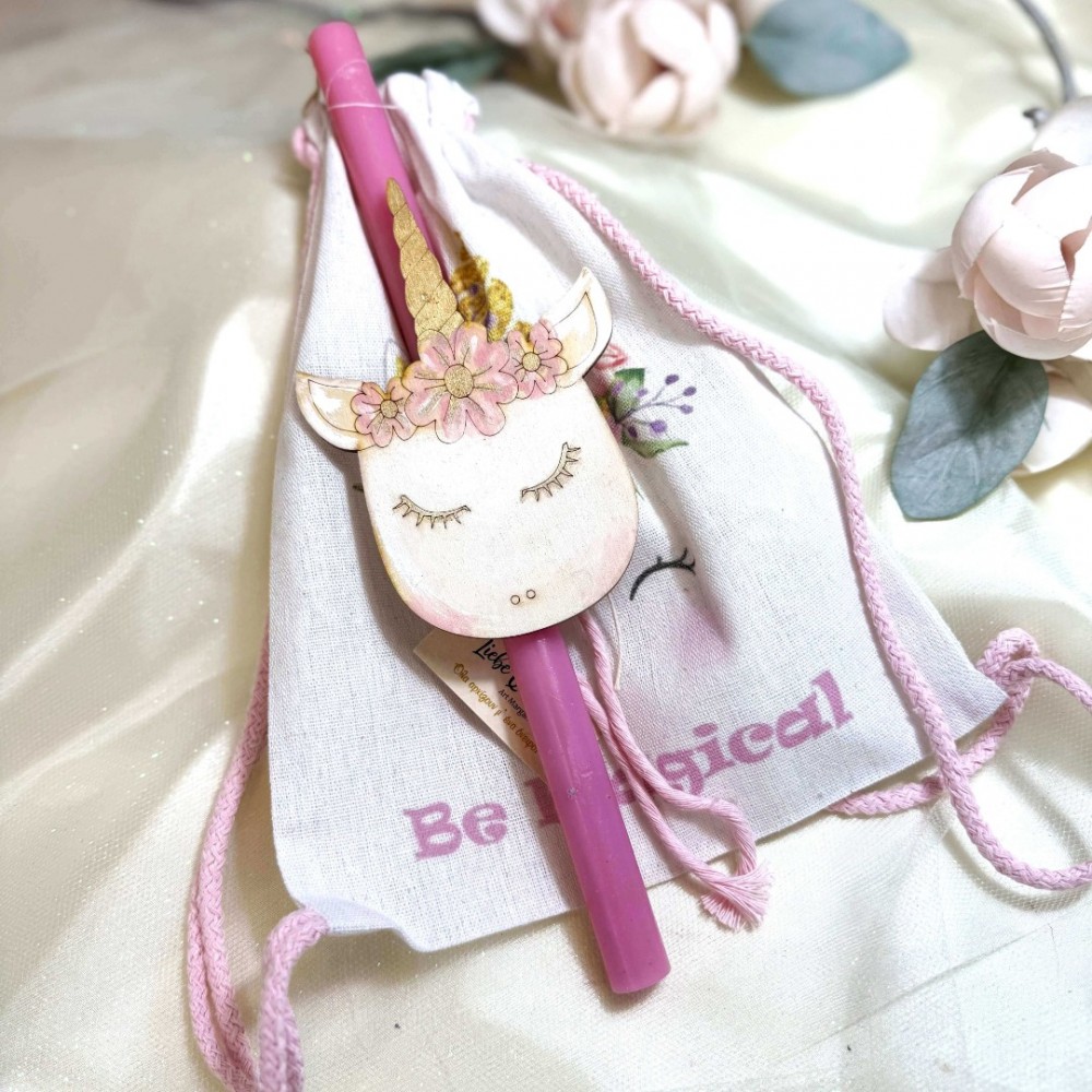 Λαμπάδα αρωματική φούξια με την μονόκερο και σακίδιο