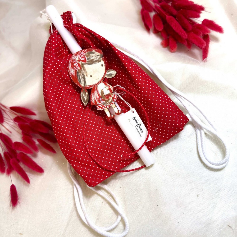 Λαμπάδα αρωματική λευκή με την κοσκινοσκουφίτσα και σακίδιο