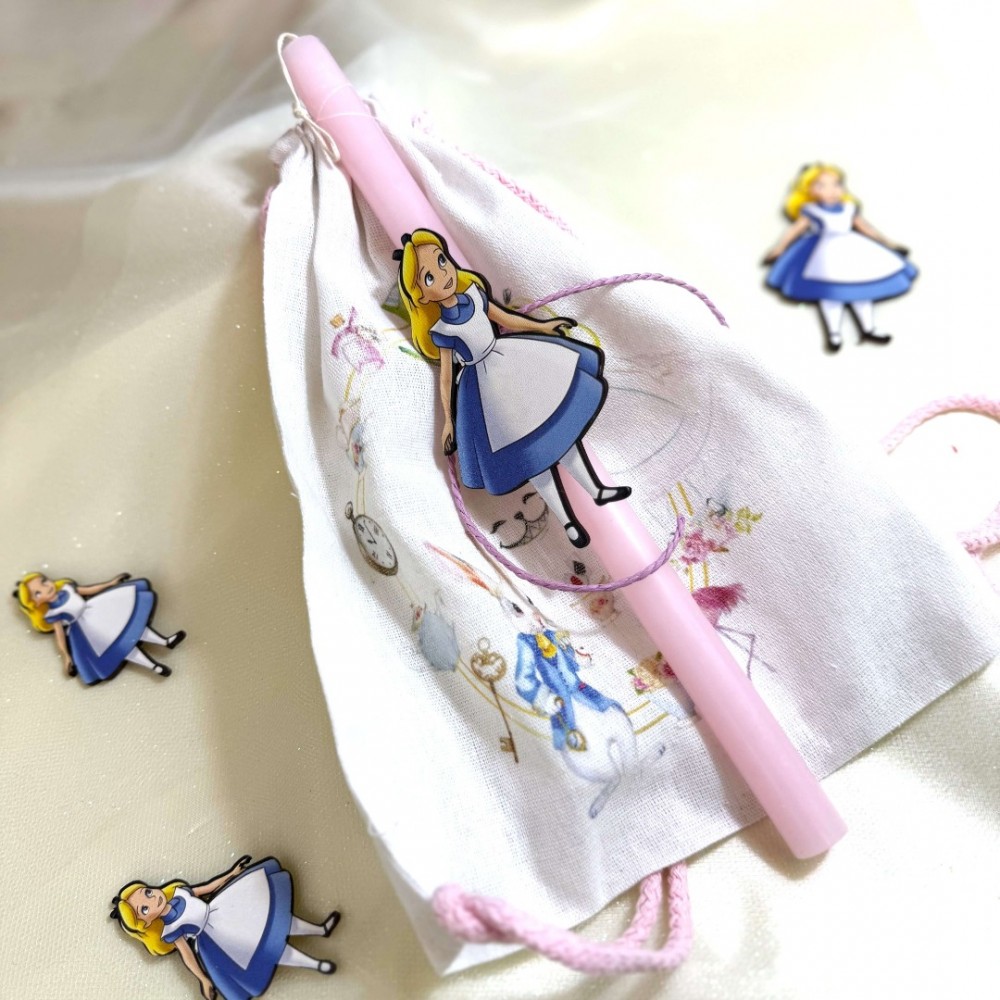 Λαμπάδα αρωματική ροζ με την Αλίκη και σακίδιο