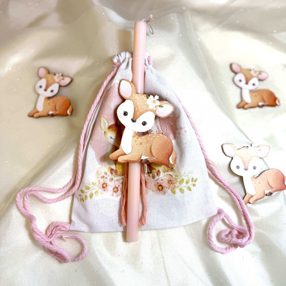 Λαμπάδα αρωματική ροζ με ελαφάκι και σακίδιο