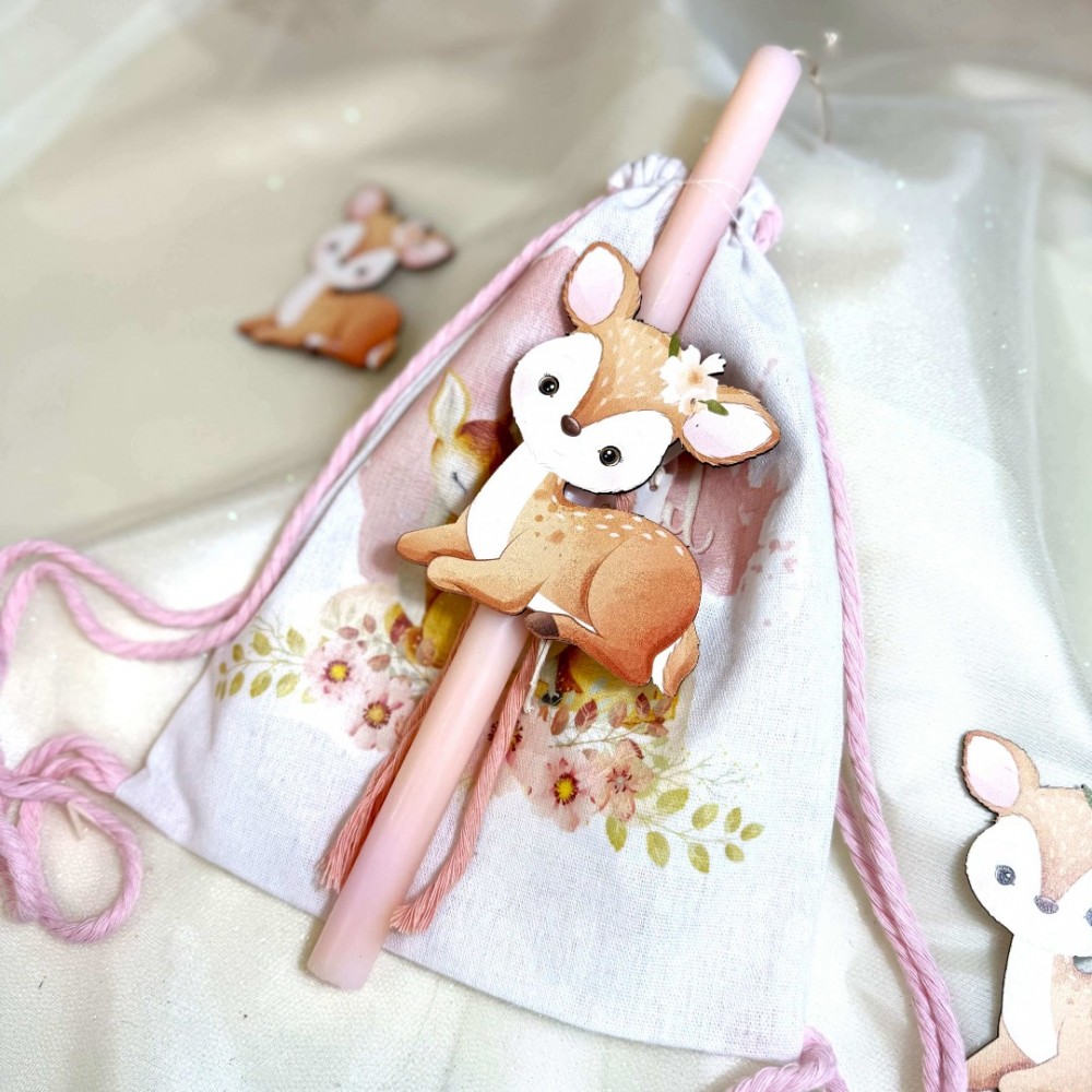 Λαμπάδα αρωματική ροζ με ελαφάκι και σακίδιο