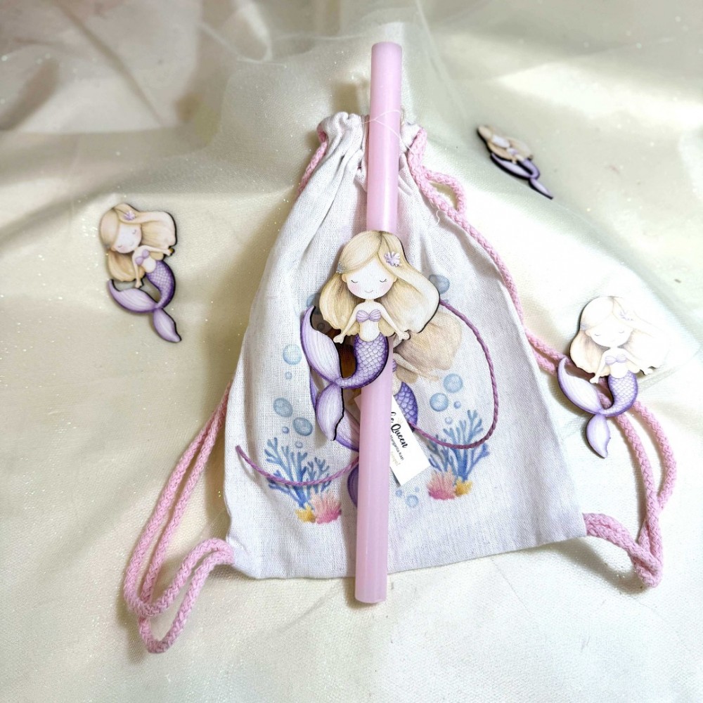 Λαμπάδα αρωματική ροζ με γοργόνα και σακίδιο