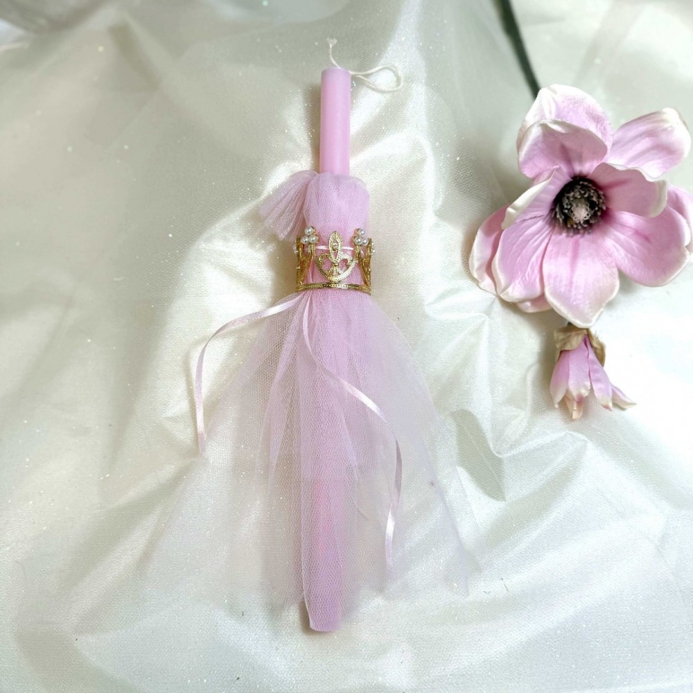 Λαμπάδα αρωματική ροζ με τούλια και στέμμα