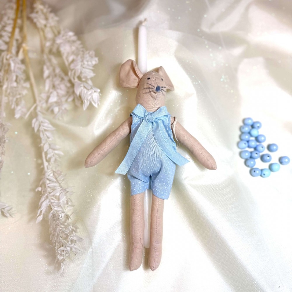 Λαμπάδα αρωματική λευκή με υφασμάτινο γαλάζιο ποντικάκι