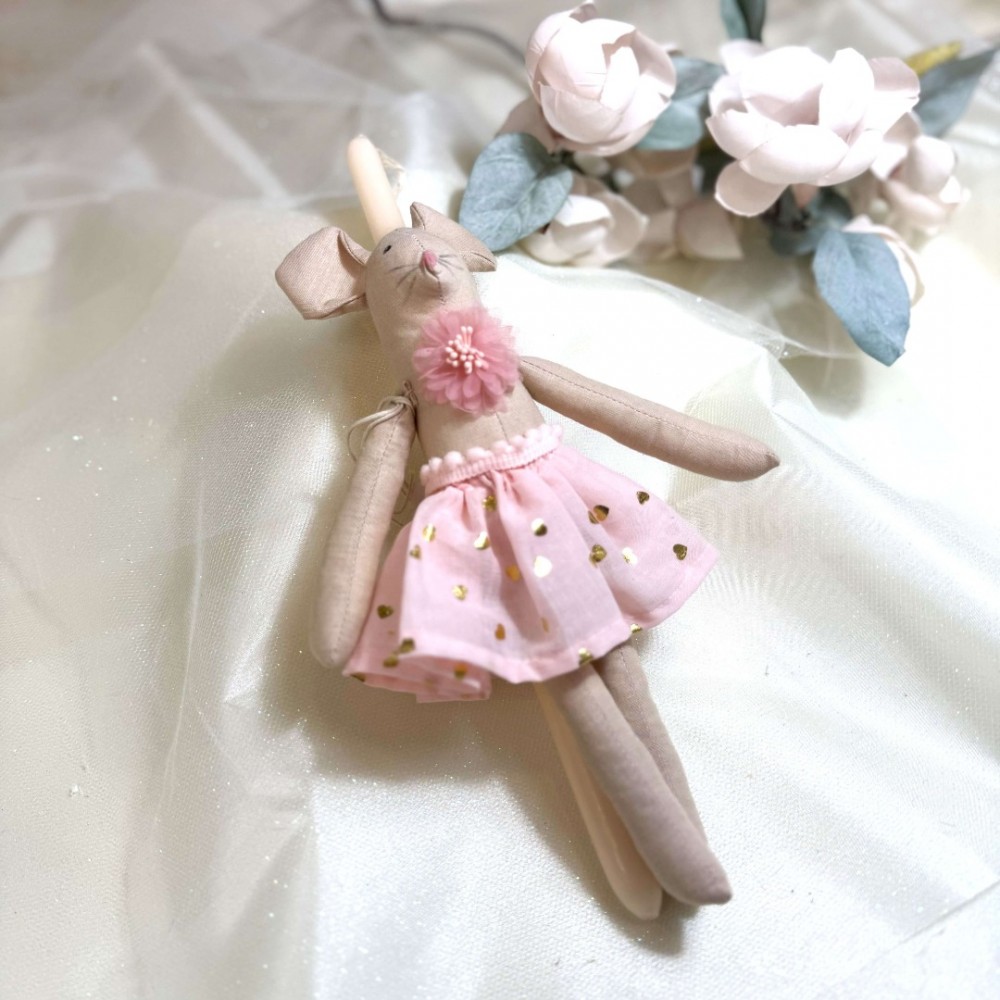 Λαμπάδα αρωματική λευκή με υφασμάτινο ροζ ποντικάκι