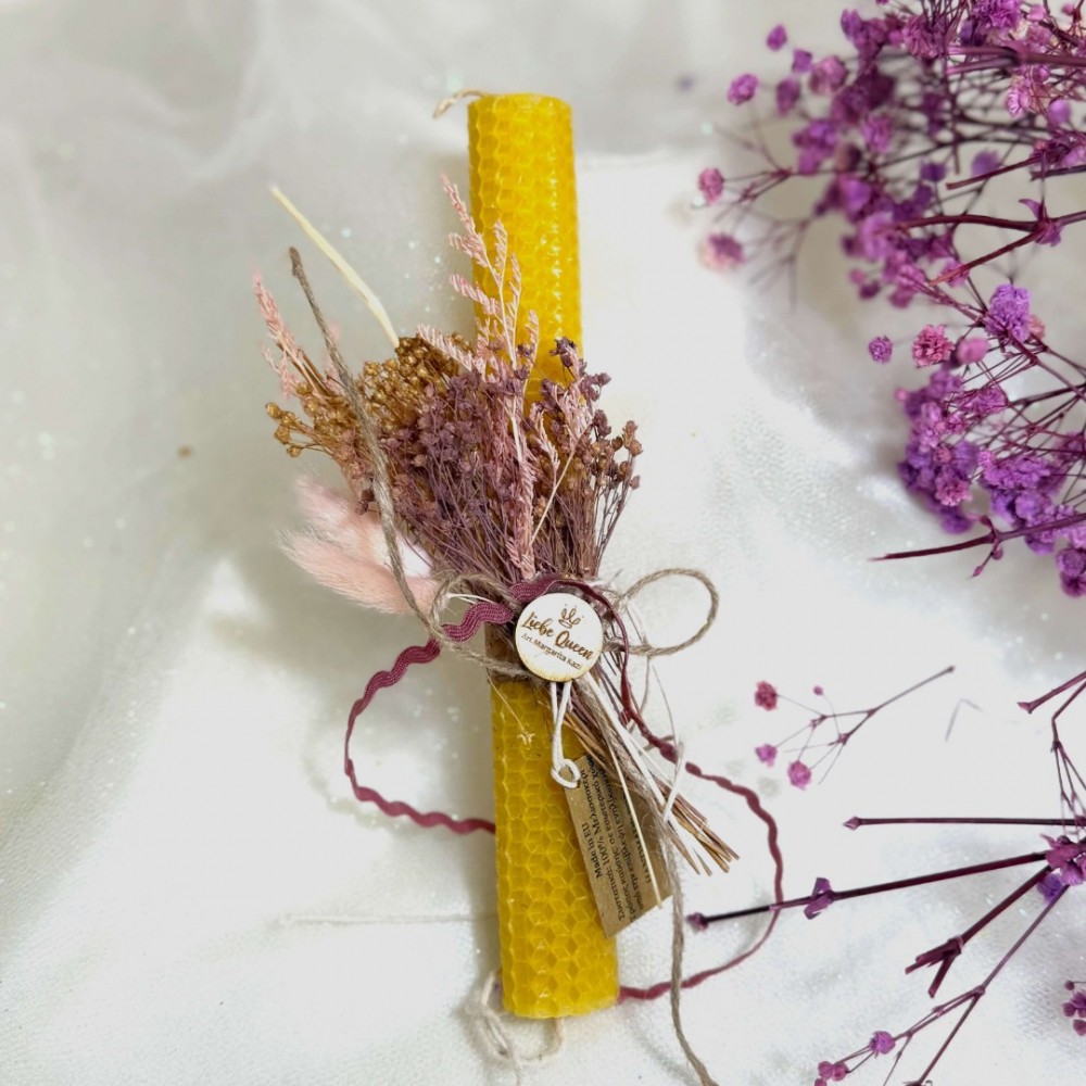 Λαμπάδα μελισσοκέρι κηρήθρα με αποξηραμένα λουλούδια ροζ