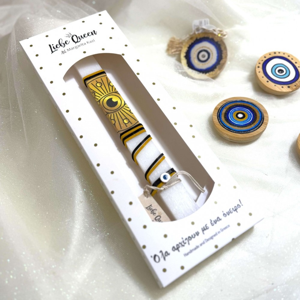 Λαμπάδα αρωματική λευκή με κορδόνια και ματόχαντρα