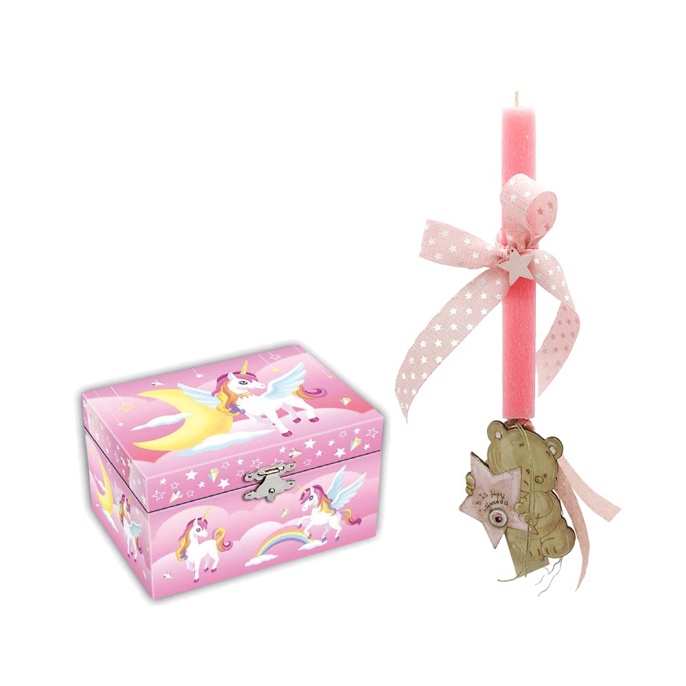 Λαμπάδα Αρκουδάκι ροζ σετ με μουσικό κουτί