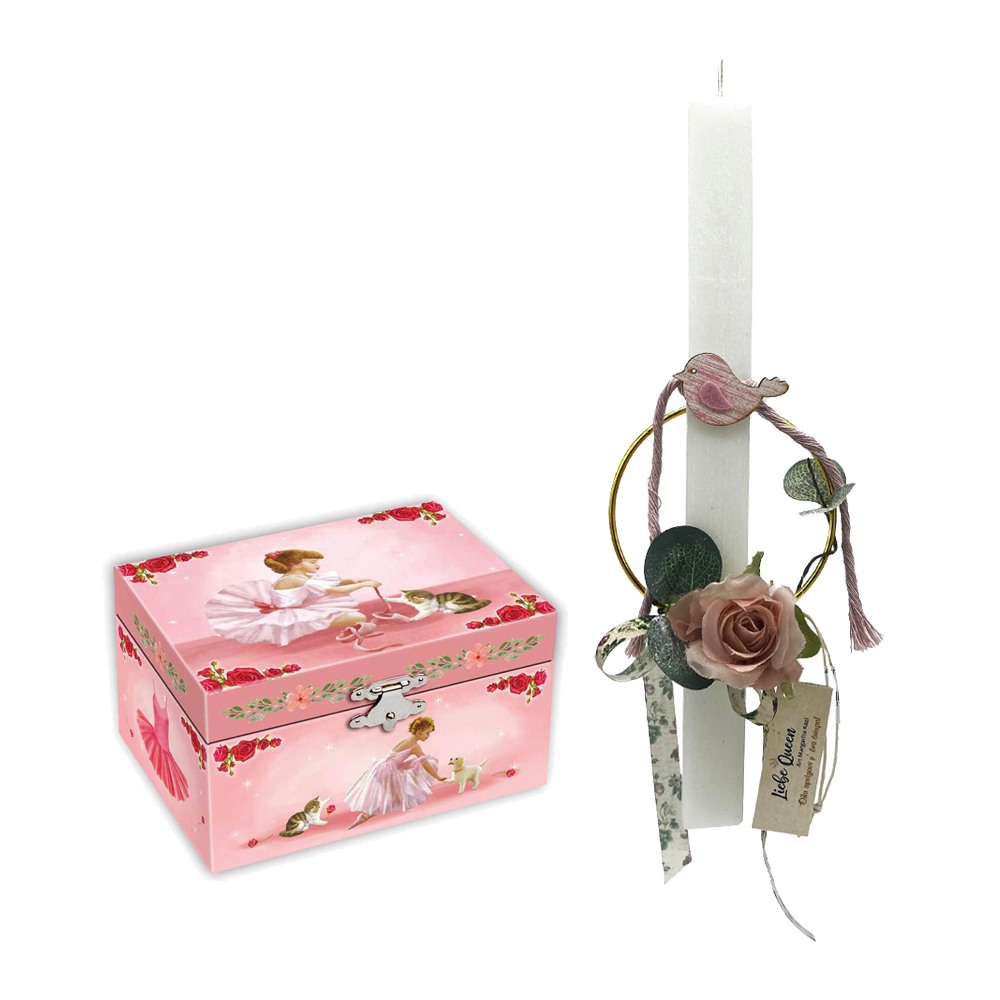 Λαμπάδα Κρίκος λουλούδι - πουλάκι σετ με μουσικό κουτί