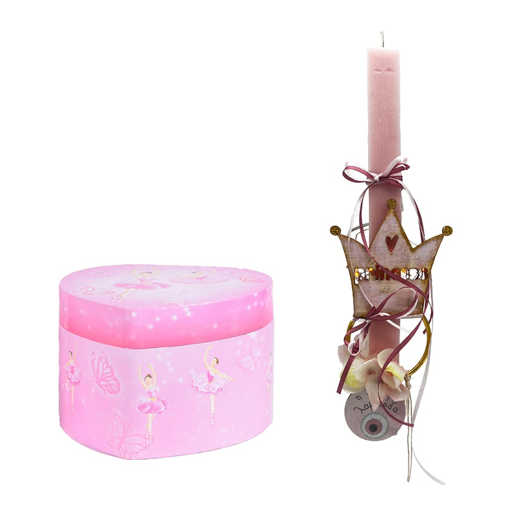 Λαμπάδα Στέμμα Πρώτη λαμπάδα φωτιζόμενη ροζ σετ με μουσικό κουτί