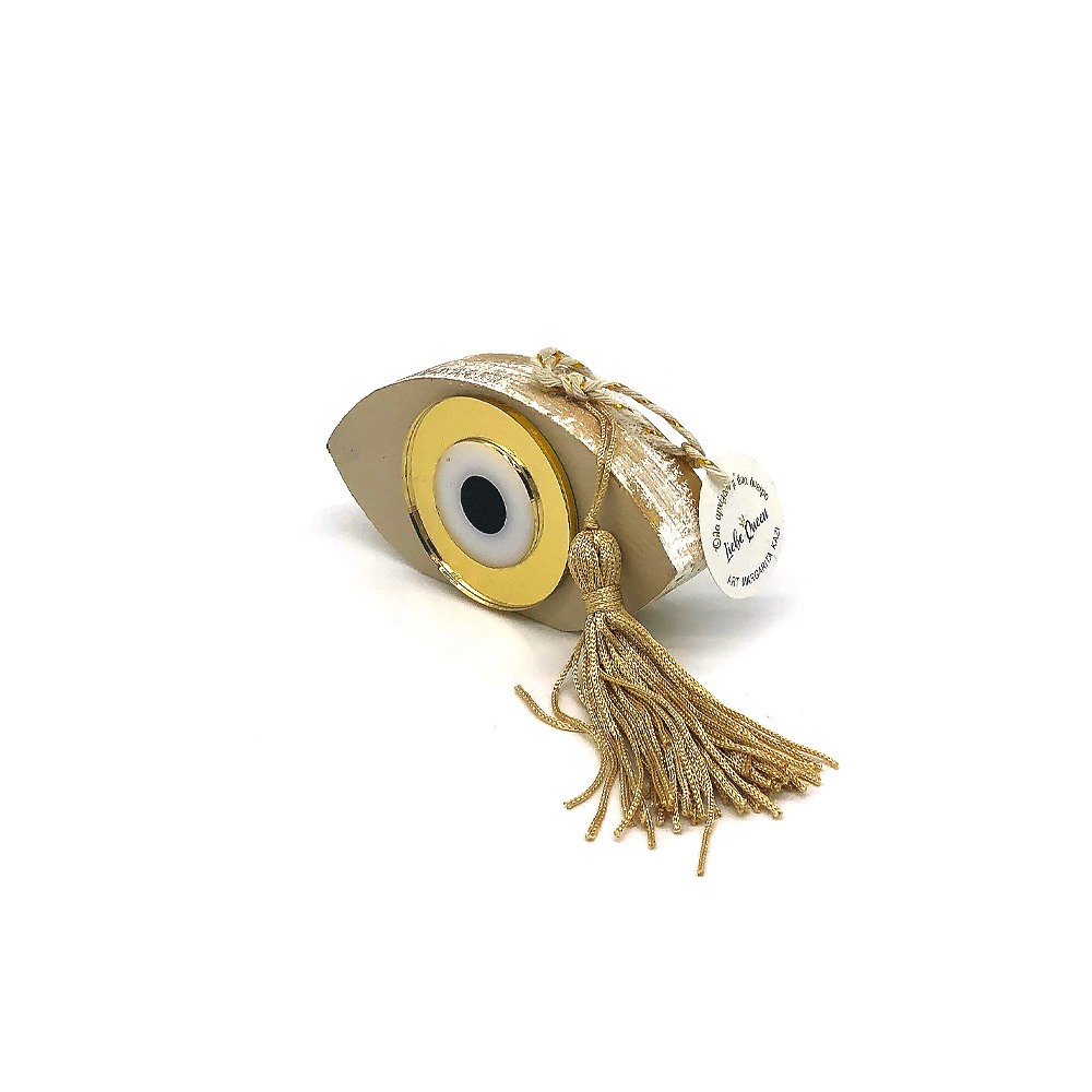 Γούρι Μάτι ξύλινο μπεζ με χρυσό μάτι από πλεξιγλάς στο κέντρο του