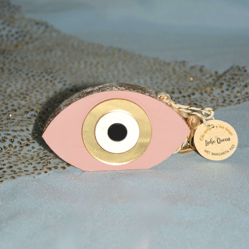 Γούρι Μάτι ξύλινο ροζ με χρυσό μάτι από πλεξιγλάς στο κέντρο του