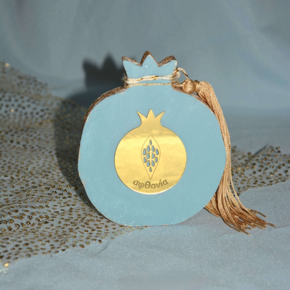 Γούρι Ρόδι ξύλινο γαλάζιο ζωγραφιστό με χρυσό ρόδι από πλεξιγλάς στο κέντρο