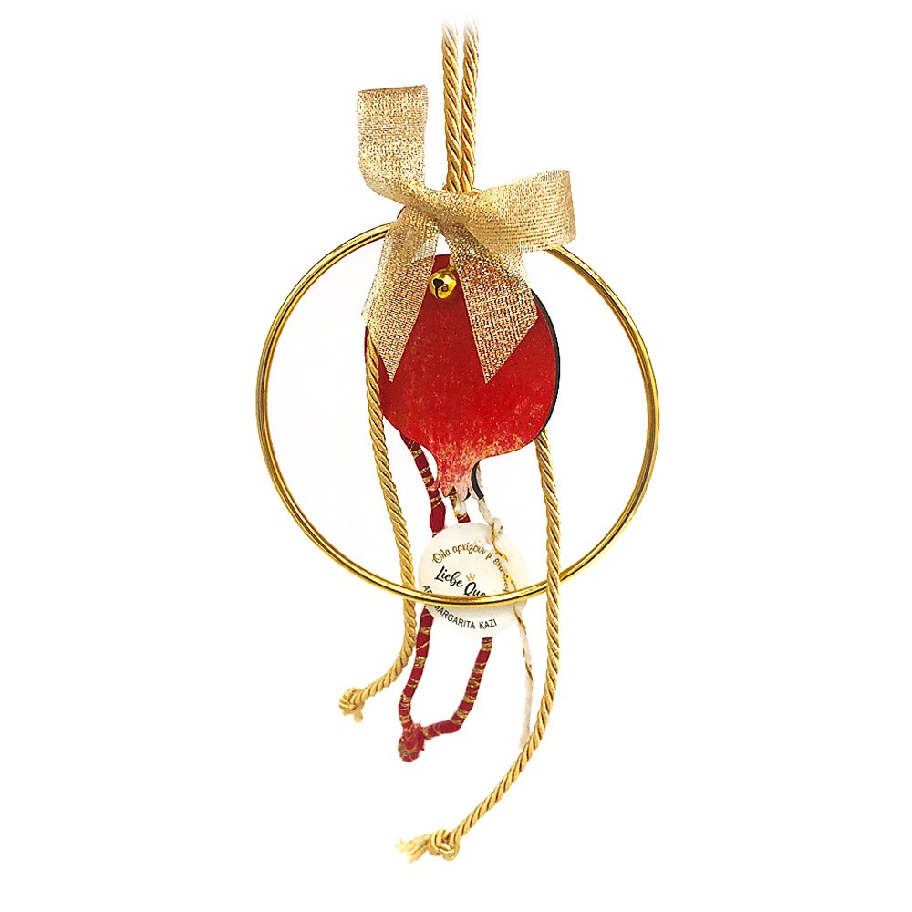 Γούρι ρόδι ξύλινο μικρό κόκκινο σε κρίκο