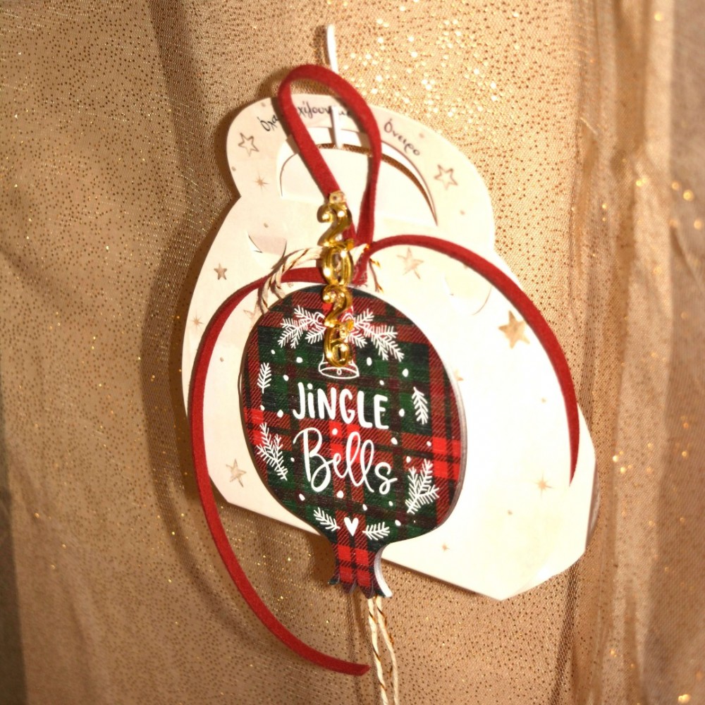 Γούρι Ρόδι ξύλινο κρεμαστό με σχέδιο Jingle Bells 9x9.5