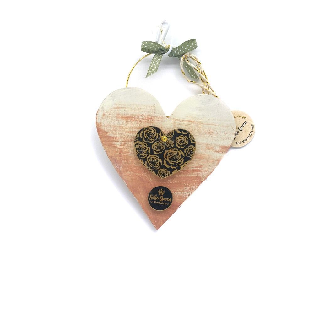 Γούρι ξύλινη καρδιά τερακότα με πλεξιγκλάς χρυσή