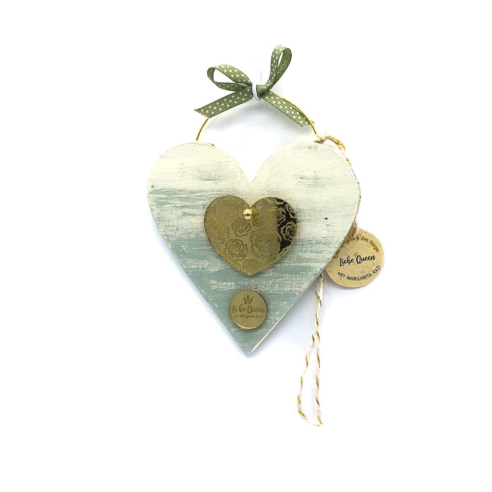 Γούρι ξύλινη καρδιά βεραμάν με πλεξιγκλάς χρυσή