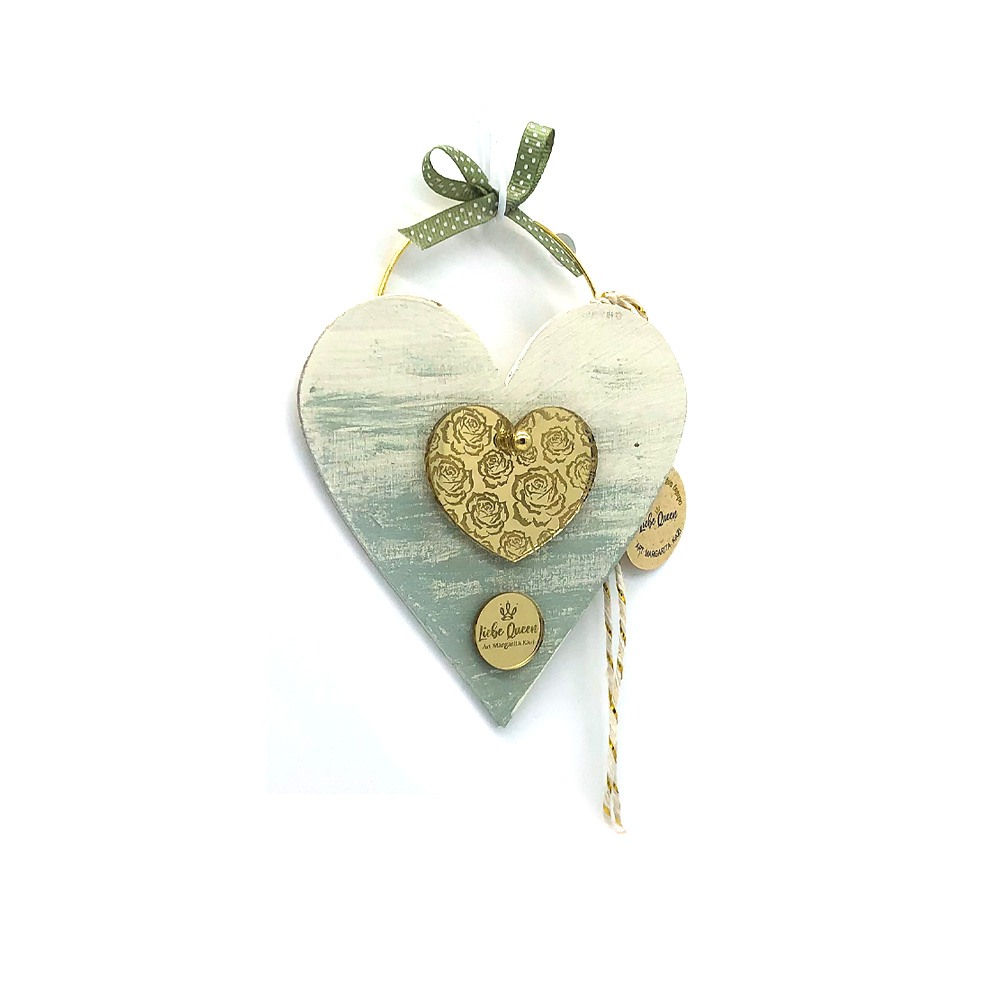 Γούρι ξύλινη καρδιά βεραμάν με πλεξιγκλάς χρυσή