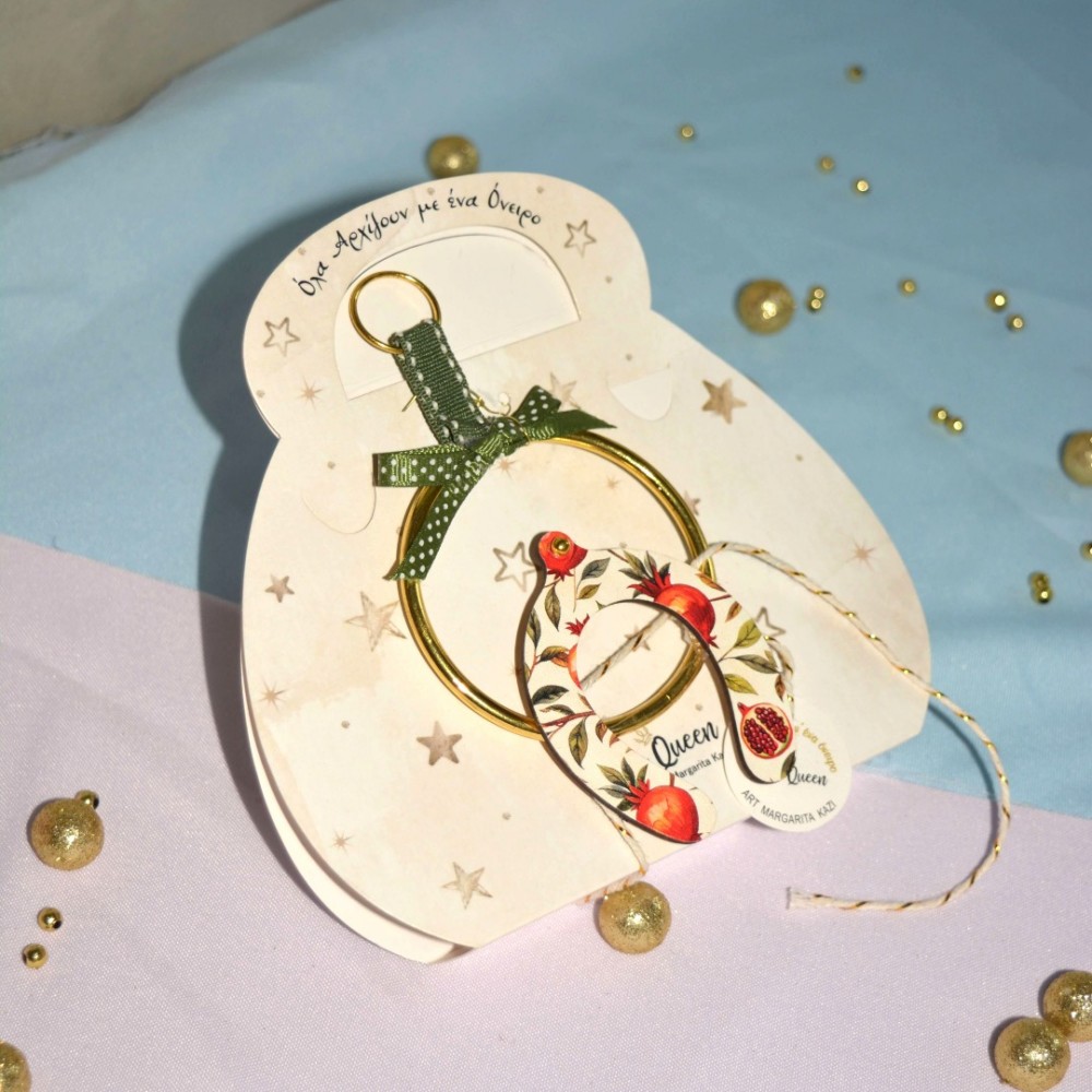 Γούρι Πέταλο κρεμαστό ξύλινο με σχέδιο ρόδια και κρίκο