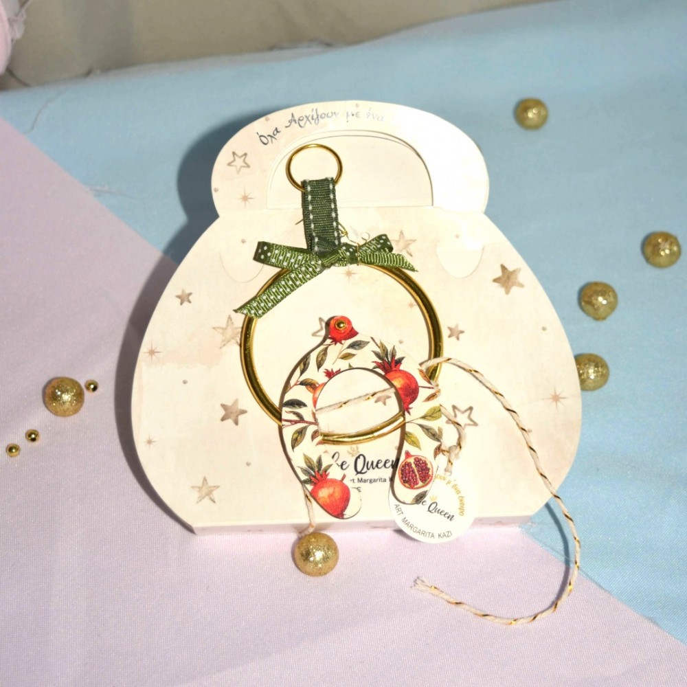 Γούρι Πέταλο κρεμαστό ξύλινο με σχέδιο ρόδια και κρίκο