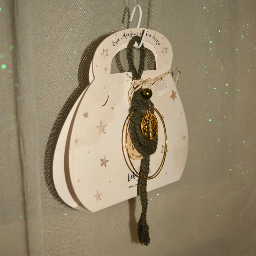 Γούρι κρεμαστό πράσινο μακραμέ σε κρίκο με Δέντρο Ζωής 9.5x9