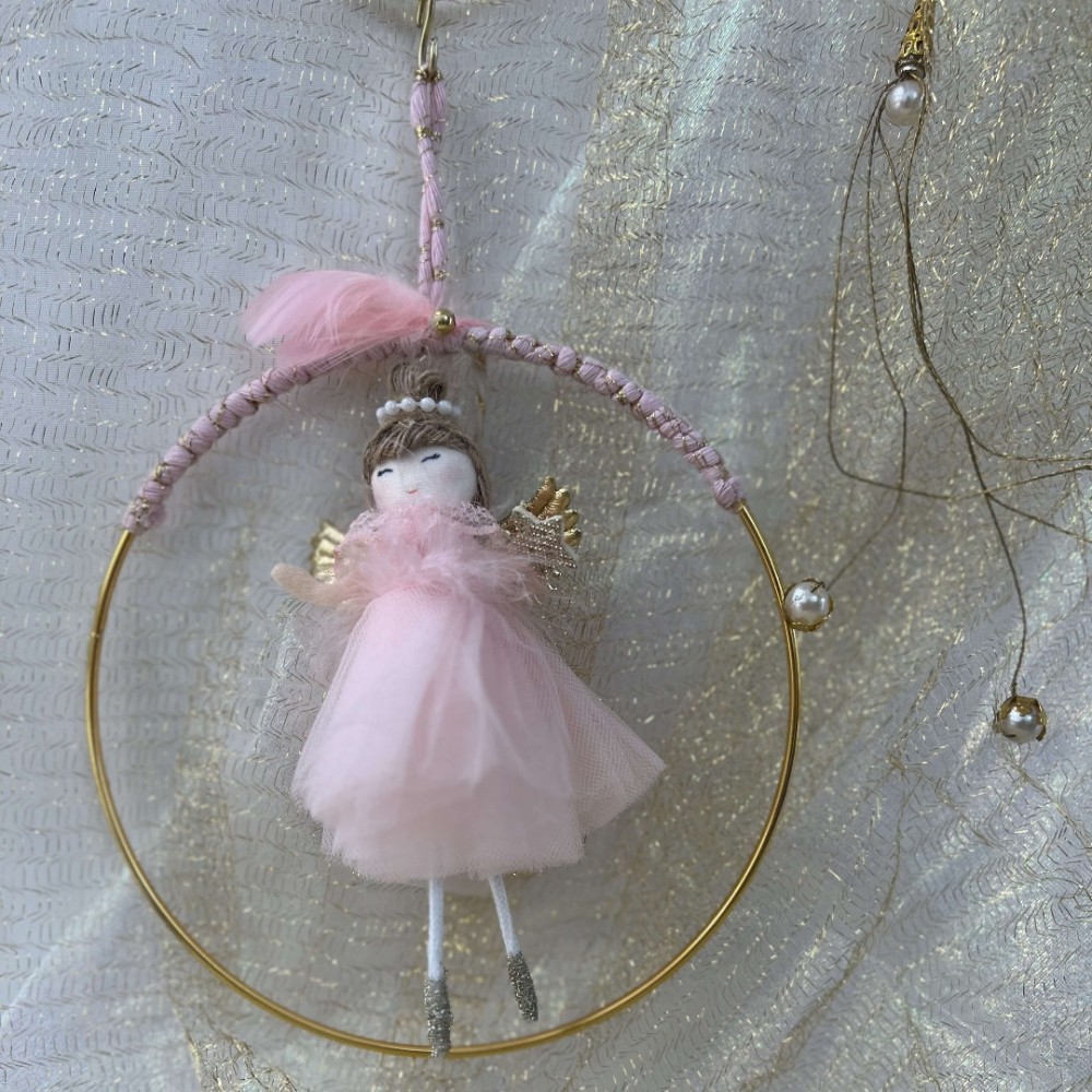 Γούρι νεράιδα αστέρι με ροζ φόρεμα σε κρίκο μεγάλο