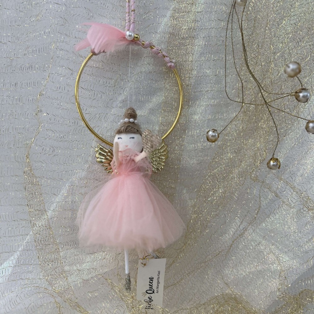 Γούρι νεράιδα αστέρι με ροζ φόρεμα σε κρίκο 