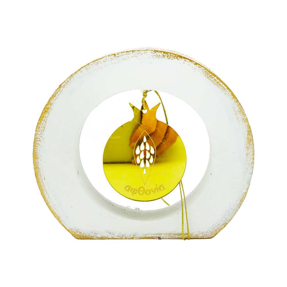 Γούρι ρόδι χρυσό plexiglass σε ξύλο λευκό μεγάλο