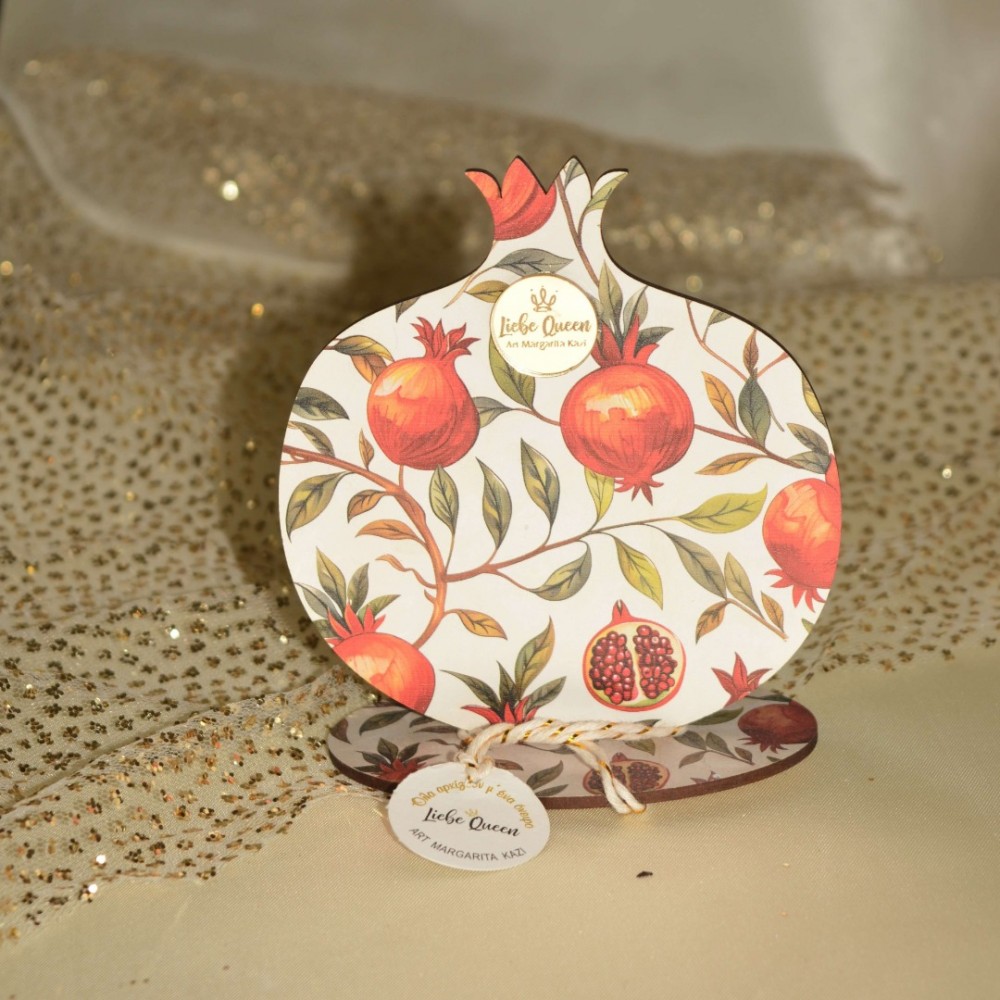 Γούρι χειροποίητο ξύλινο ρόδι λευκό με ζωγραφιστά ρόδια σε βάση