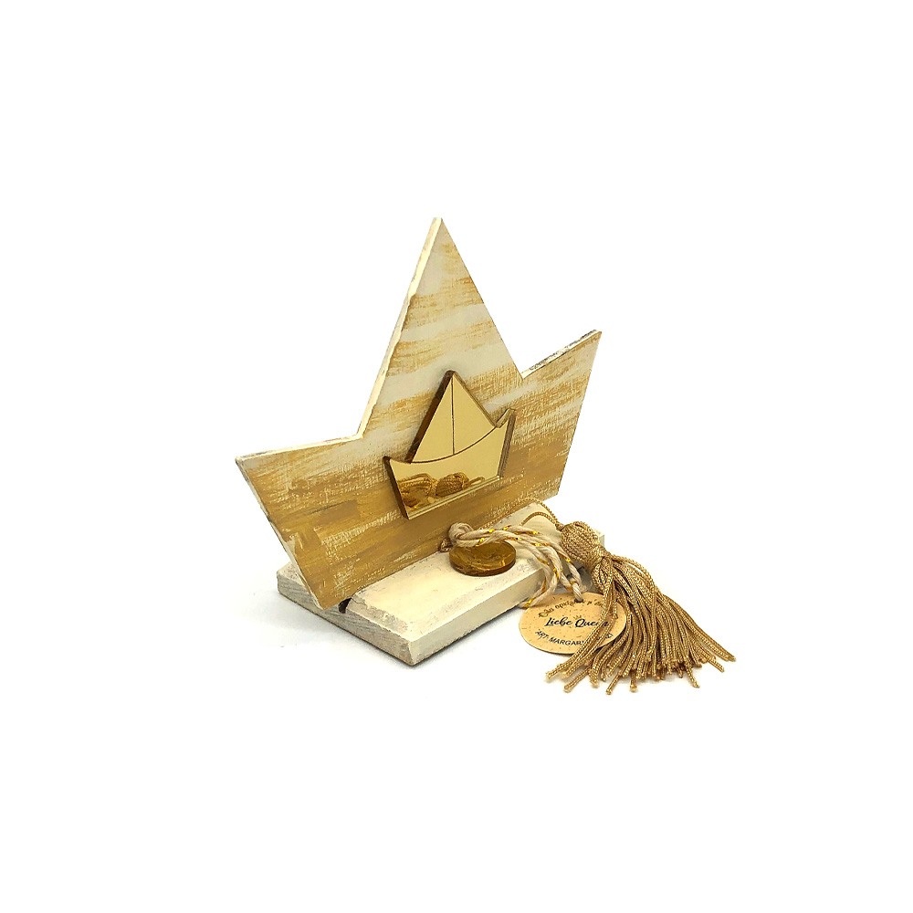 Γούρι ξύλινο καραβάκι κίτρινο με πλεξιγκλάς χρυσό