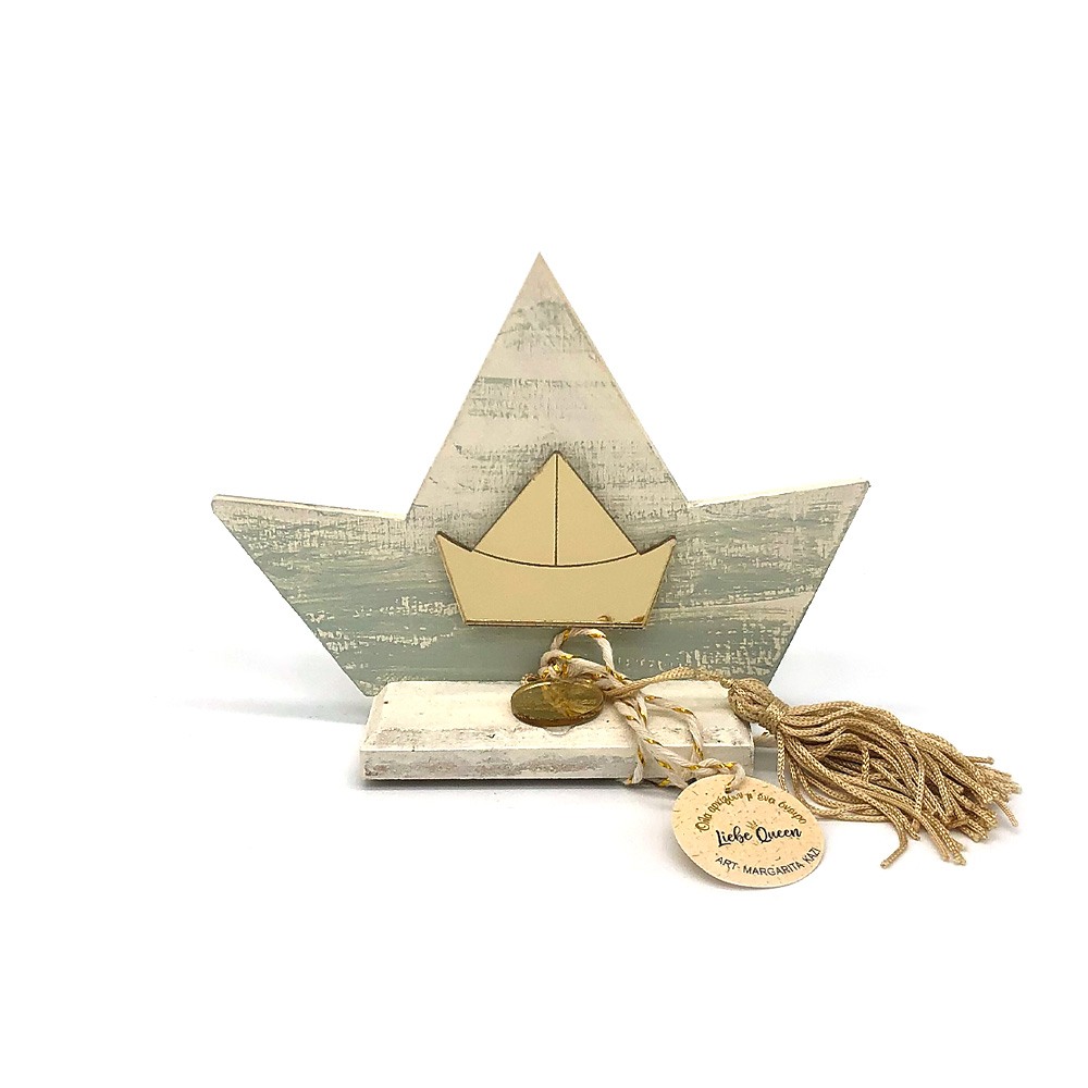 Γούρι ξύλινο καραβάκι βεραμάν με πλεξιγκλάς χρυσό