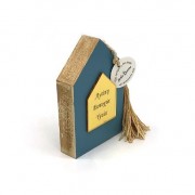 Γούρι Σπίτι ξύλινο γαλάζιο με χρυσό πλεξιγκλάς