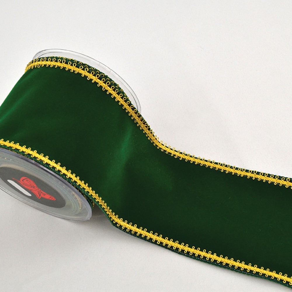 Κορδέλα VELVET WITH GOLD THREAD πράσινη 10 cm X 4,5 m