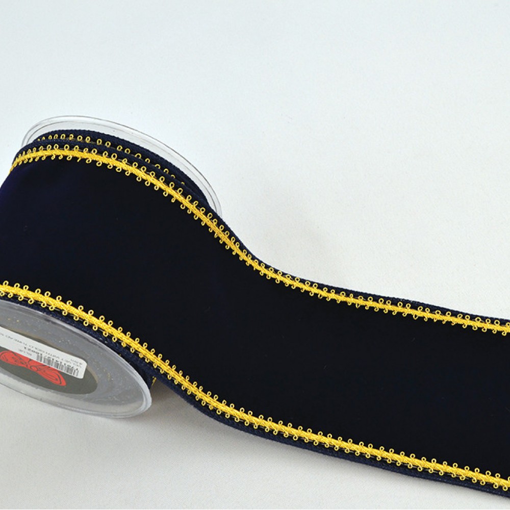 Κορδέλα VELVET WITH GOLD THREAD μπλε 10 cm X 4,5 m