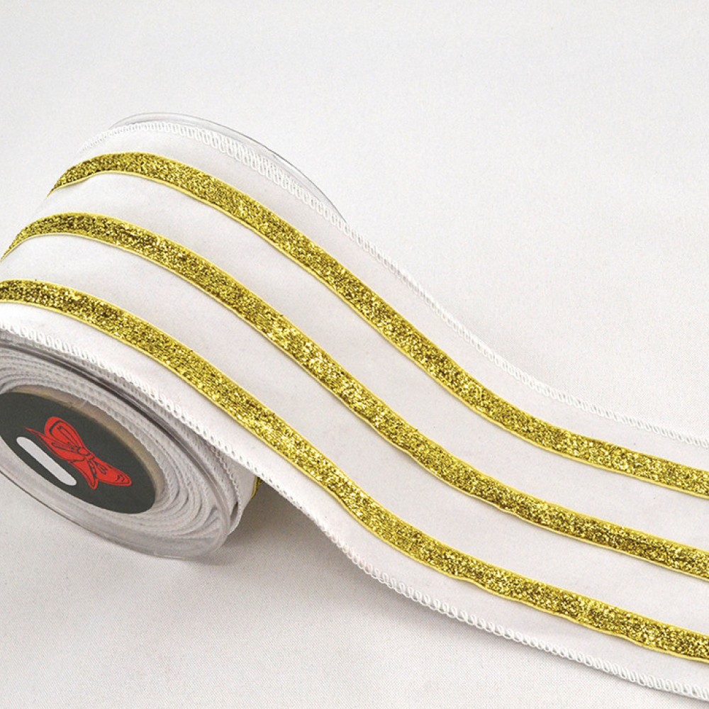 Κορδέλα LINED VELVET λευκό-χρυσό 10 cm Χ 4.5 m
