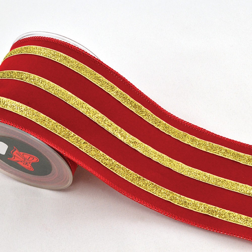 Κορδέλα LINED VELVET κόκκινο-χρυσό 10 cm Χ 4.5 m