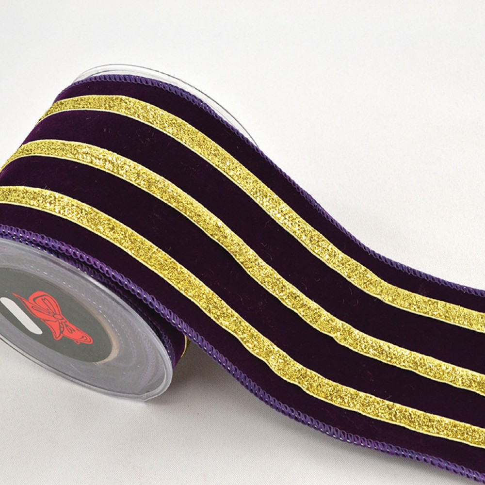 Κορδέλα LINED VELVET μωβ-χρυσό 10 cm Χ 4.5 m