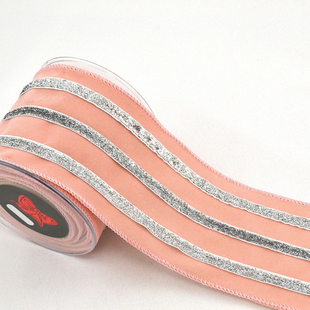 Κορδέλα LINED VELVET σομόν-ασημί 10 cm Χ 4.5 m