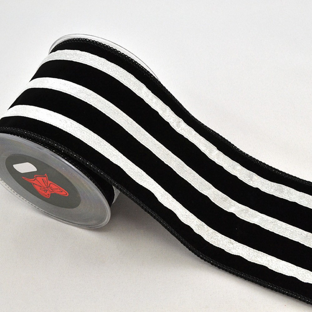 Κορδέλα LINED VELVET μαύρο-λευκό 10 cm Χ 4.5 m