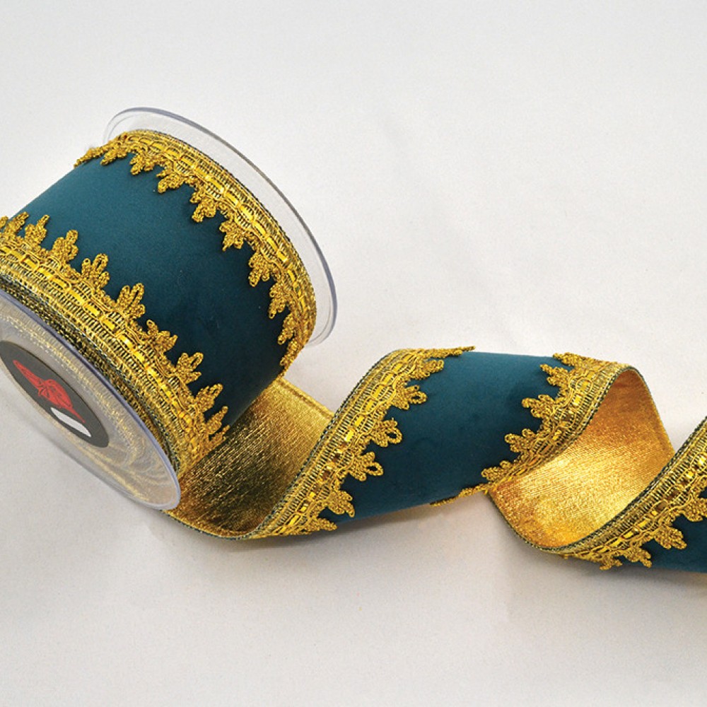Κορδέλα HALIMA VELVET DF FOIL πράσινο-χρυσό 10 cm X 4.5 m