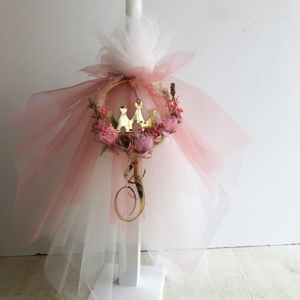 Λαμπάδα Βάπτισης για Κορίτσι σε σάπιο μήλο Στεφάνι και Στέμμα