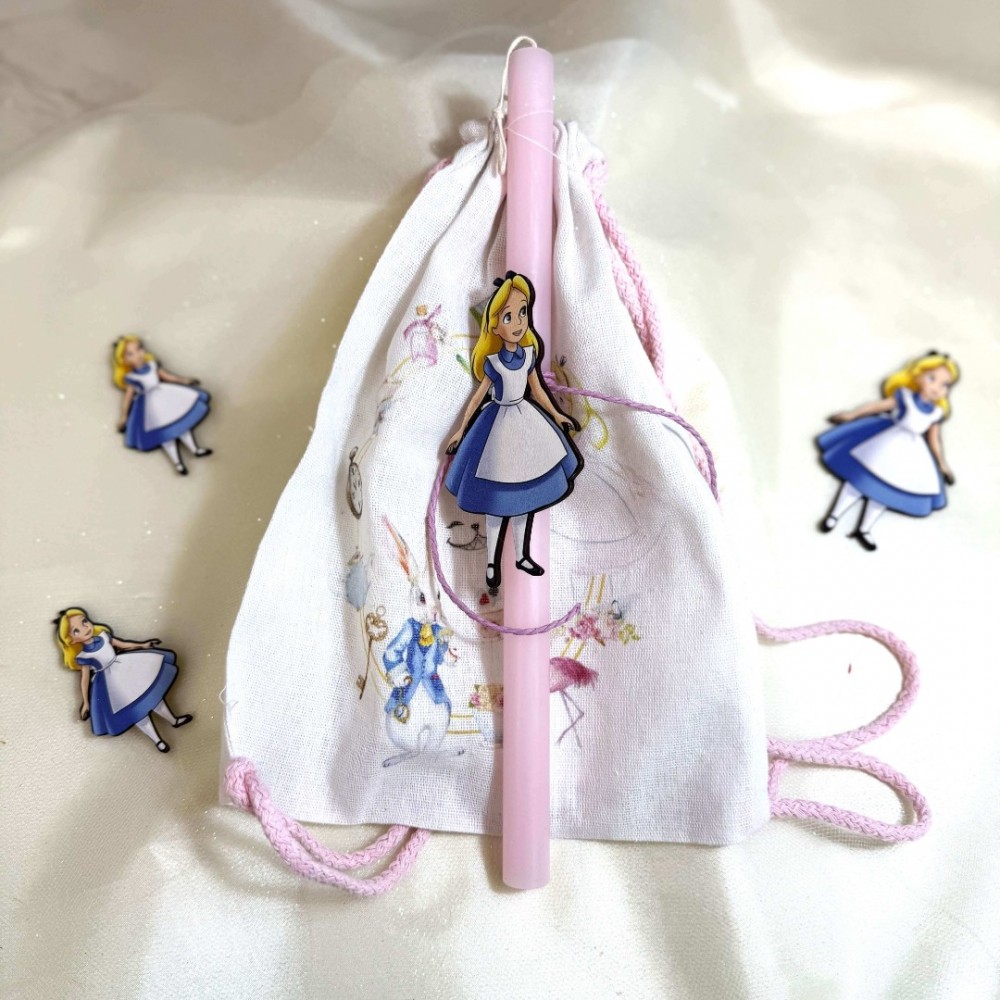 Λαμπάδα αρωματική ροζ με την Αλίκη και σακίδιο