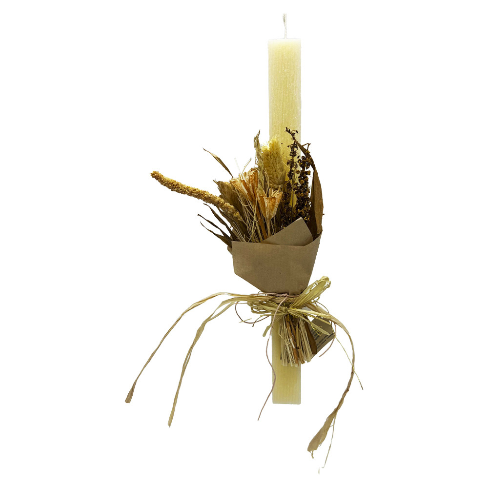 Λαμπάδα αρωματική πλακέ μπεζ με σύνθεση λουλουδιών