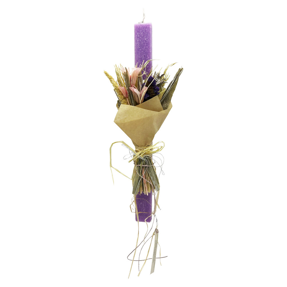 Λαμπάδα αρωματική πλακέ μωβ με σύνθεση λουλουδιών