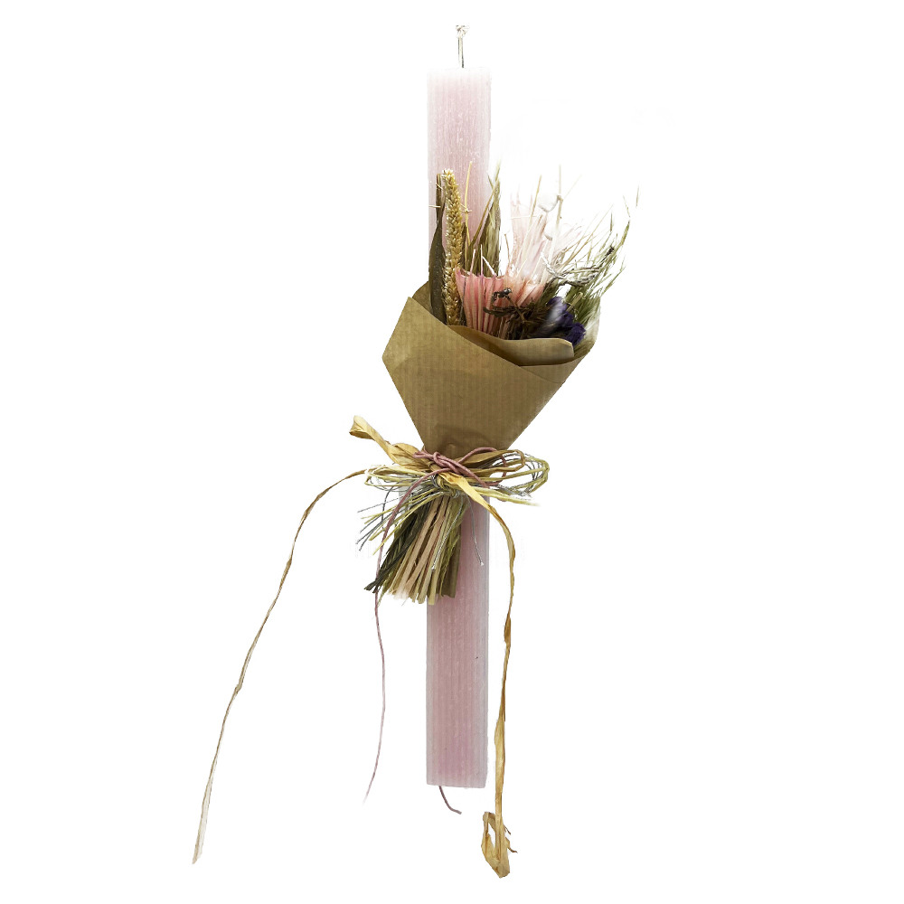 Λαμπάδα αρωματική πλακέ ροζ ανοιχτό με σύνθεση λουλουδιών