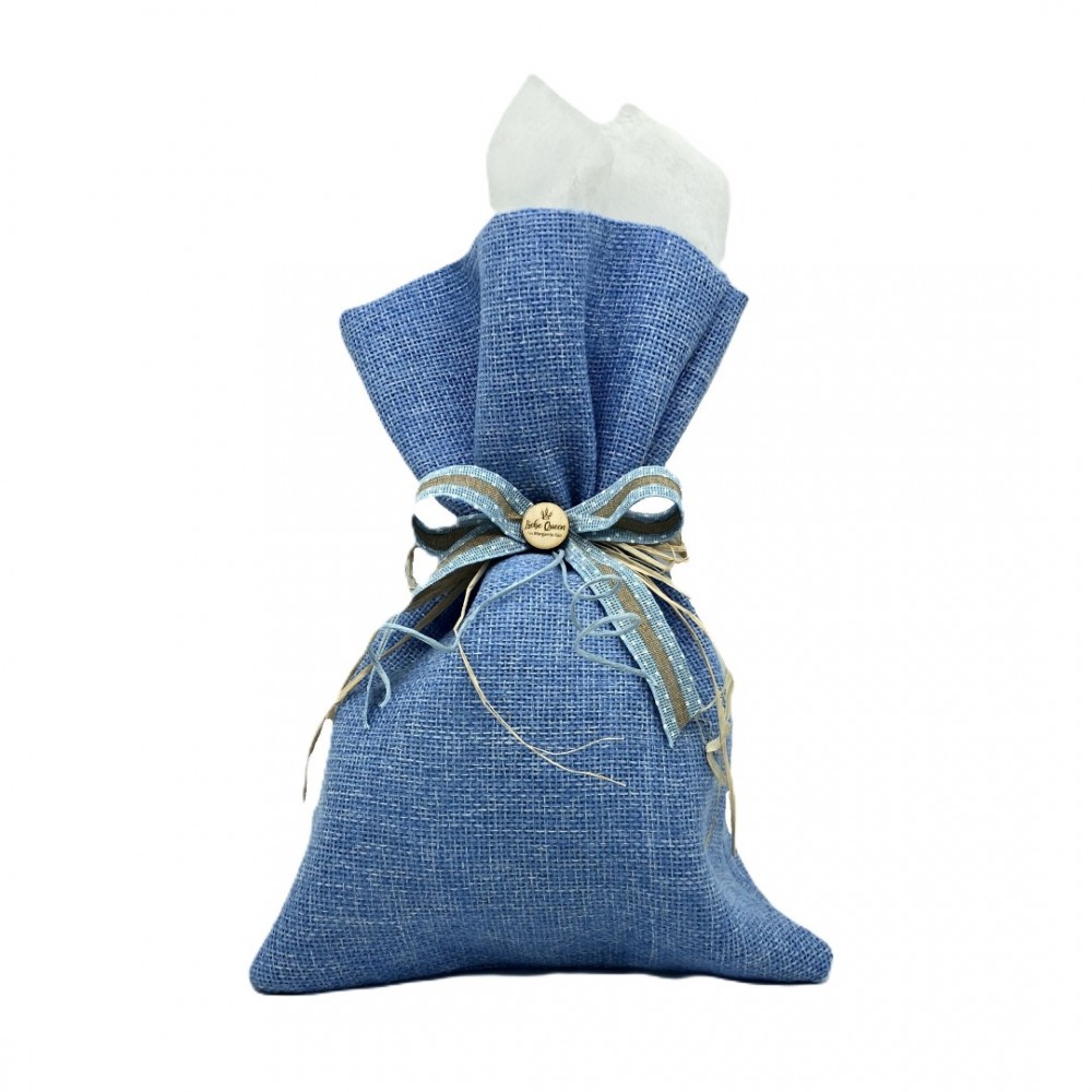 Σοκολατένιο αυγό Melbon 200gr μέσα σε πουγκί από λινάτσα γαλάζιο