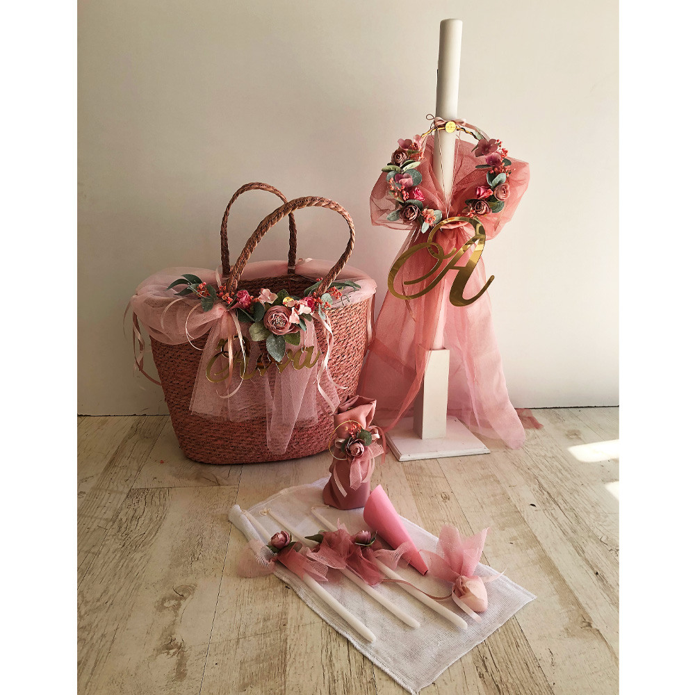 Σετ Βάπτισης Peonia-Roses - καλάθι με όνομα